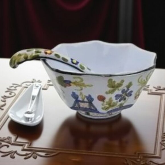 Vintage Faenza Garafano Pottery Octagonal Bowl w/Spoon Made in Italy - Picture 1 of 10